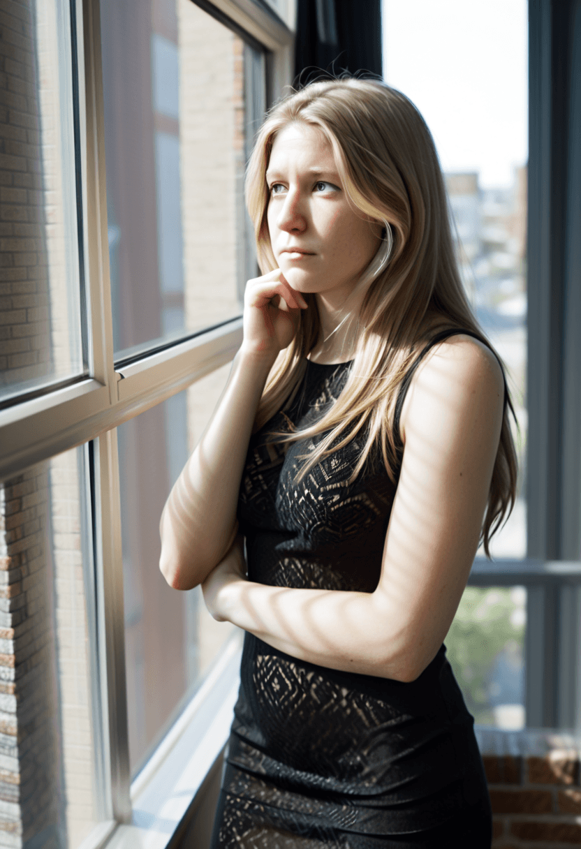 AI generated: This is a photograph of a woman looking out a window, taken from the side. Her long bronze hair hang...