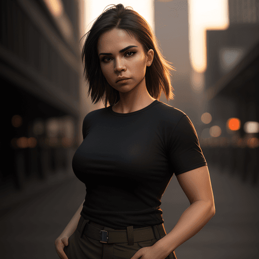 AI generated: photography, front view, dynamic range, female model, upper-body, black T-shirt, dark khaki cargo pa...