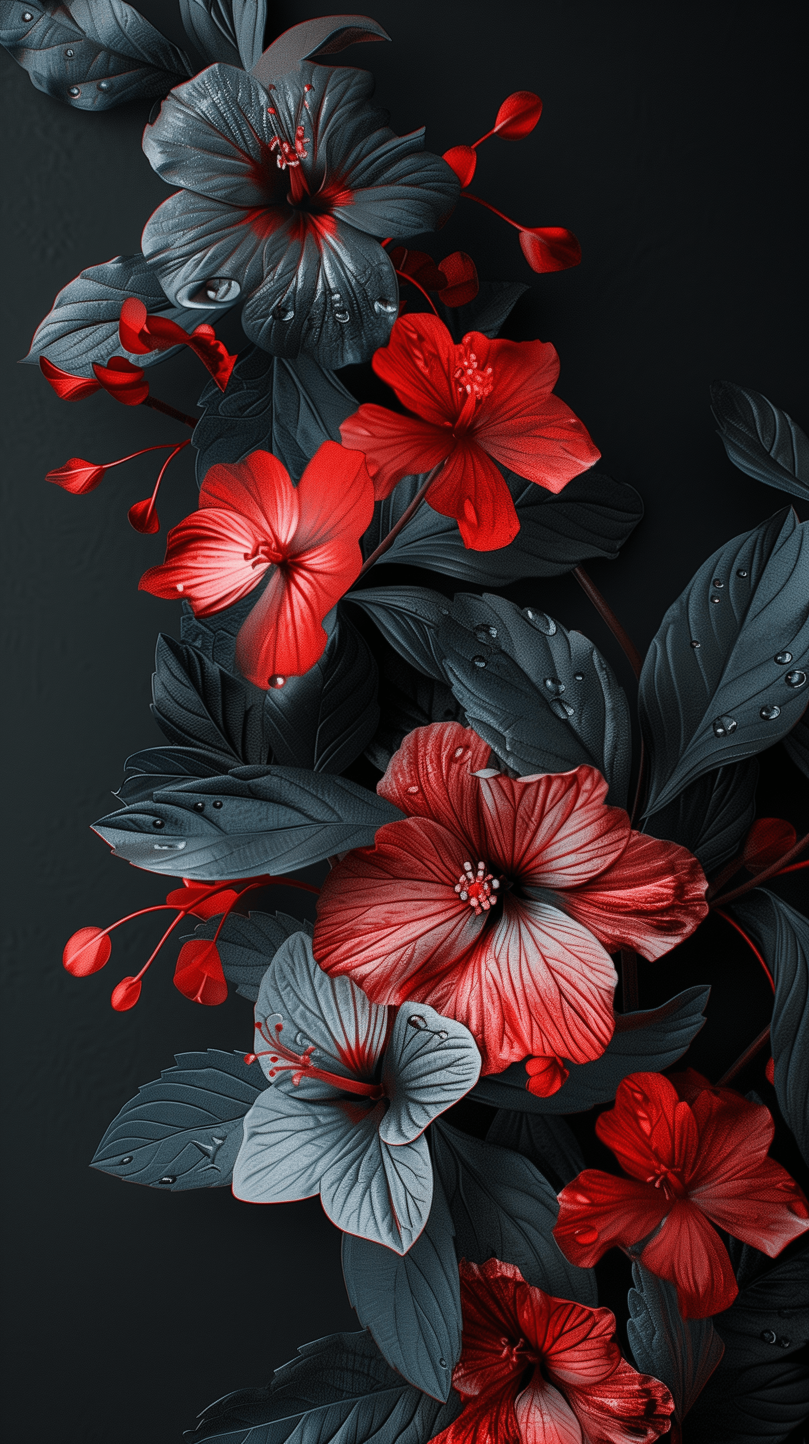 AI generated: illustrate an intricate floral arrangement bursting with life against a stark black background, focu...