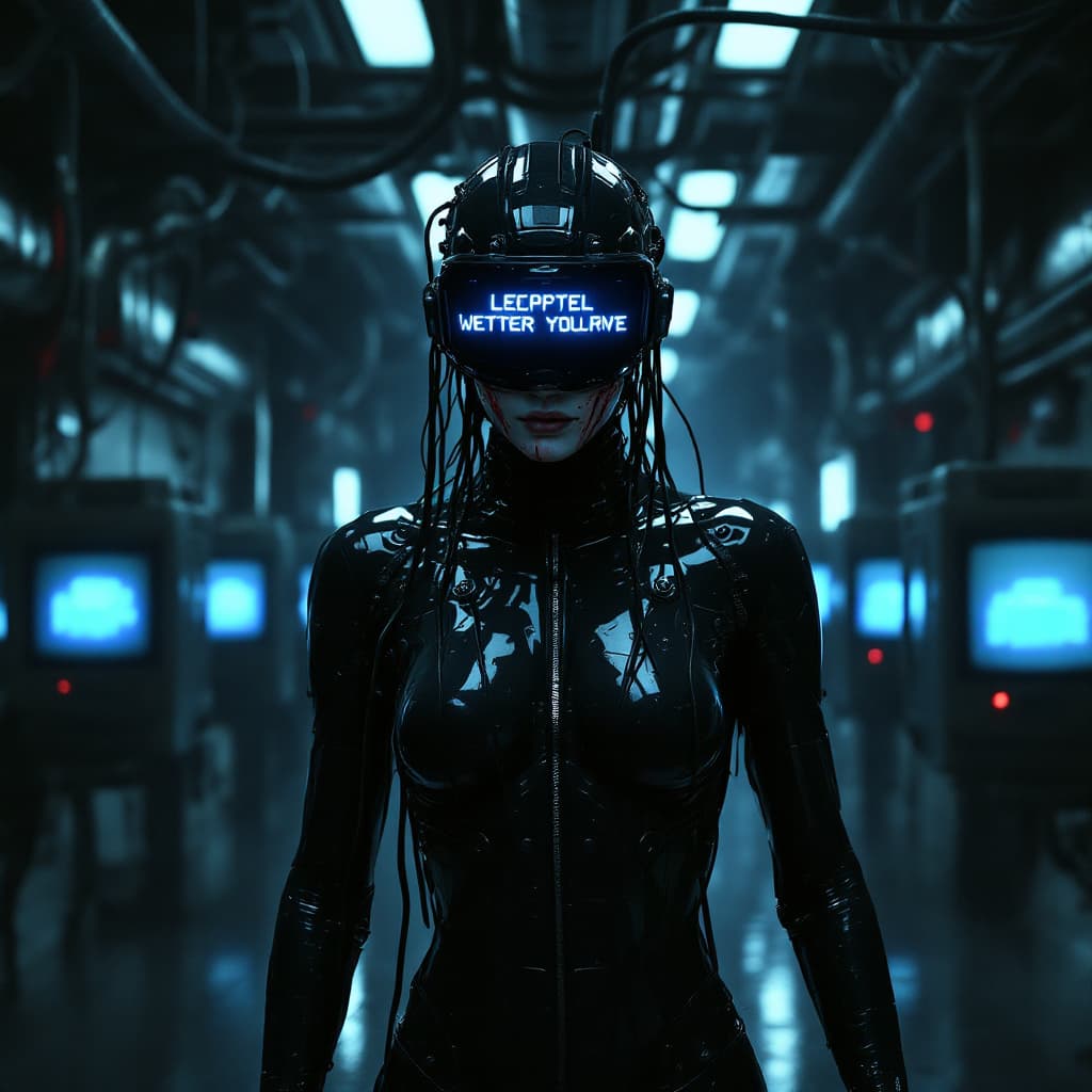 AI generated: A futuristic cyberpunk humanoid with a sleek black latex bodysuit, wearing a high-tech visor display...