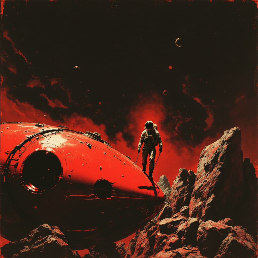 AI generated: Vintage pulp illustration of an astronaut in space, at the end of a tether on top of a red alien spa...