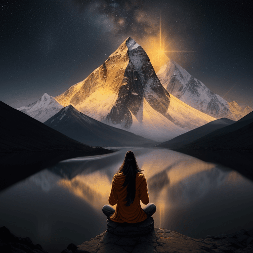 AI generated: A beautiful render of mountain landscape from nepal with golden moon light radiating from the top, c...