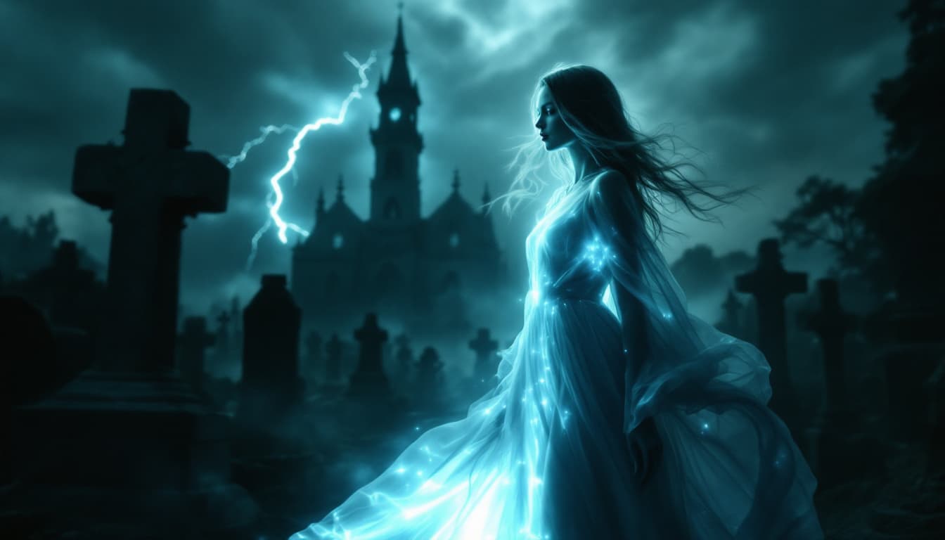 AI generated: a hauntingly beautiful scene of an an almost transparent, diaphanous translucent ethereal woman in a...