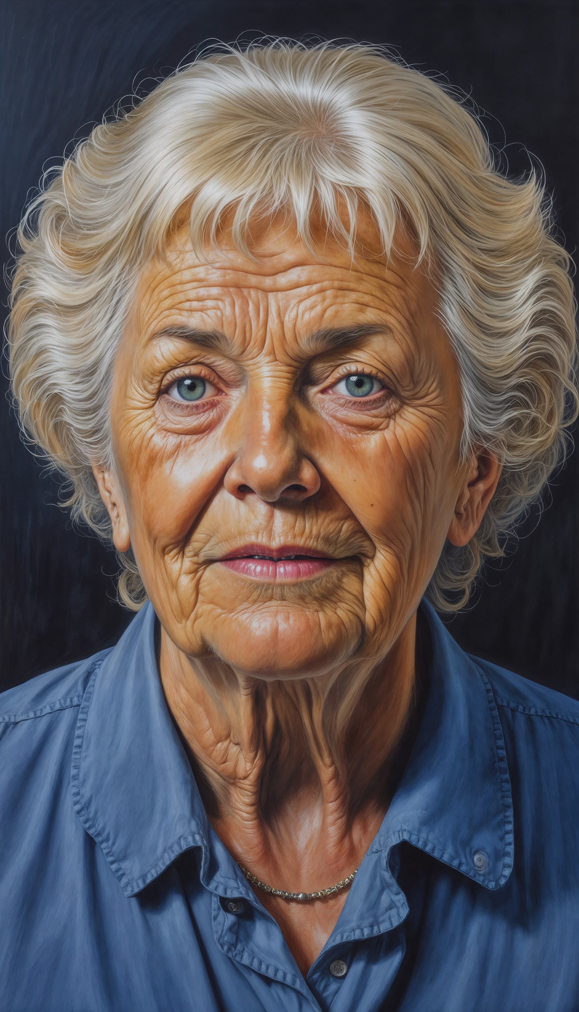 AI generated: oil painting, mature elder woman, portrait, highly detailed, peaking from dark surroundings.