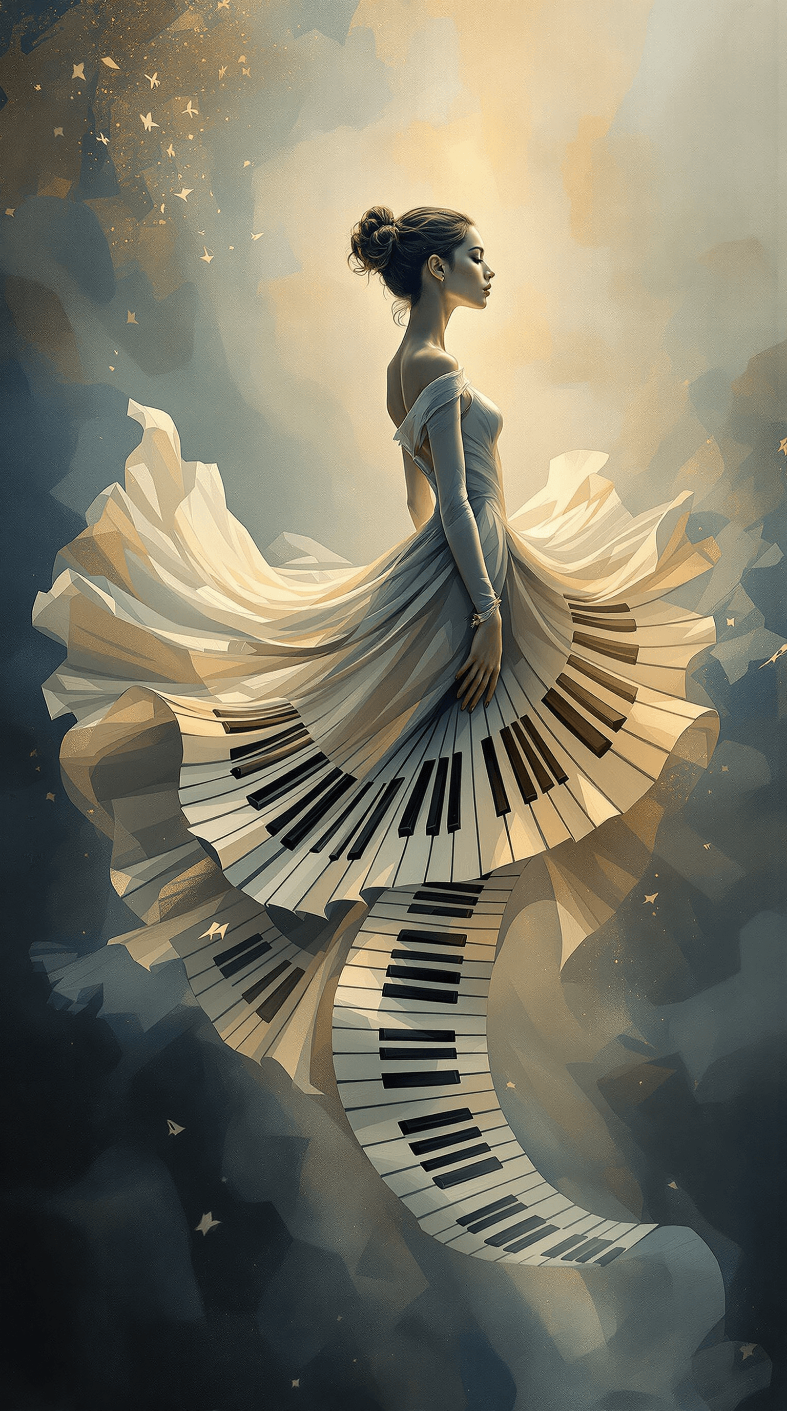 AI generated: A breathtaking **surreal oil painting** capturing a graceful **dancer in profile**, her delicate pos...
