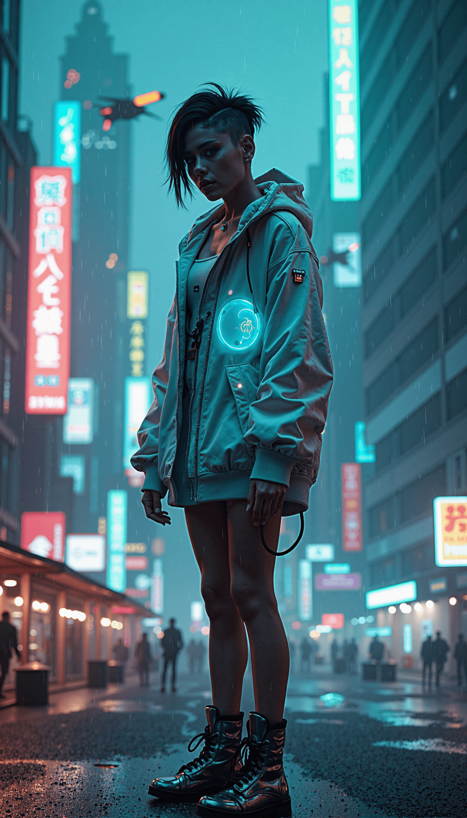 AI generated: A fierce cyberpunk woman standing on a neon-lit rooftop in a futuristic city, captured in ultra-real...