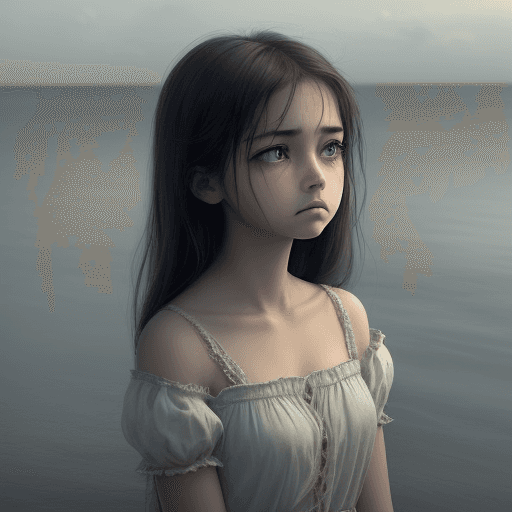 AI generated: Write a short story or a description inspired by a beautiful girl with a sad and melancholic look, a...