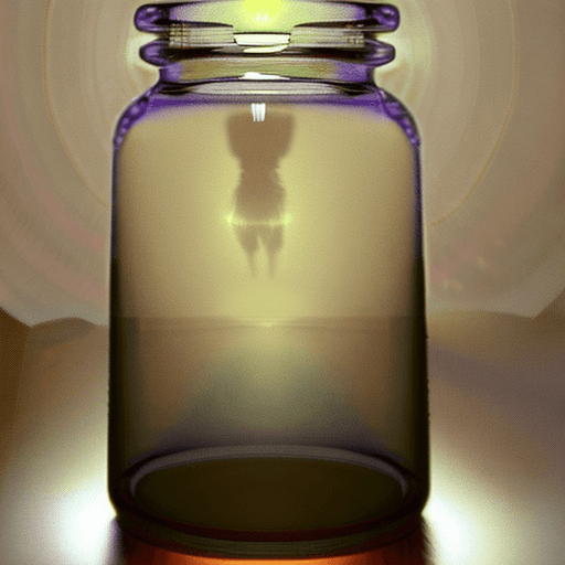 AI generated: : In a softly lit room, a captivating fairy is delicately suspended within a glass jar, emanating a ...