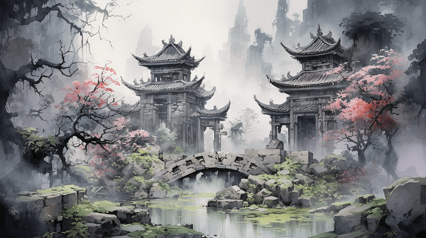 AI generated: A traditional Chinese painting of an ancient hidden temple, immersed in an fog of mystery. The templ...