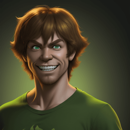 AI generated: shaggy from scooby doo, portrait, green t-shirt, light brown hair, strong, sharp focus, digital art,...