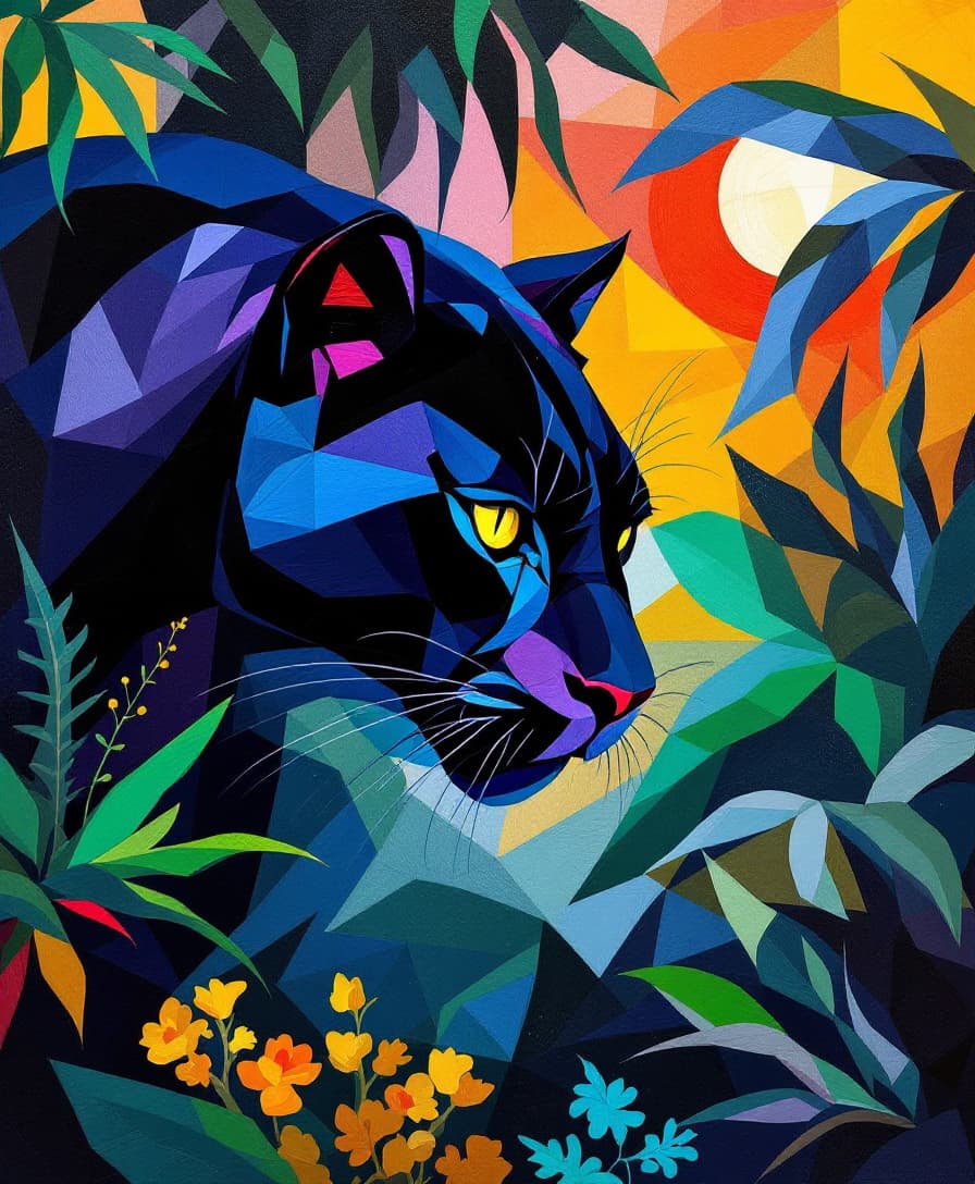 AI generated: A vivid color painting of a black panther slinking through a jungle geometric cubism,, neo impressio...