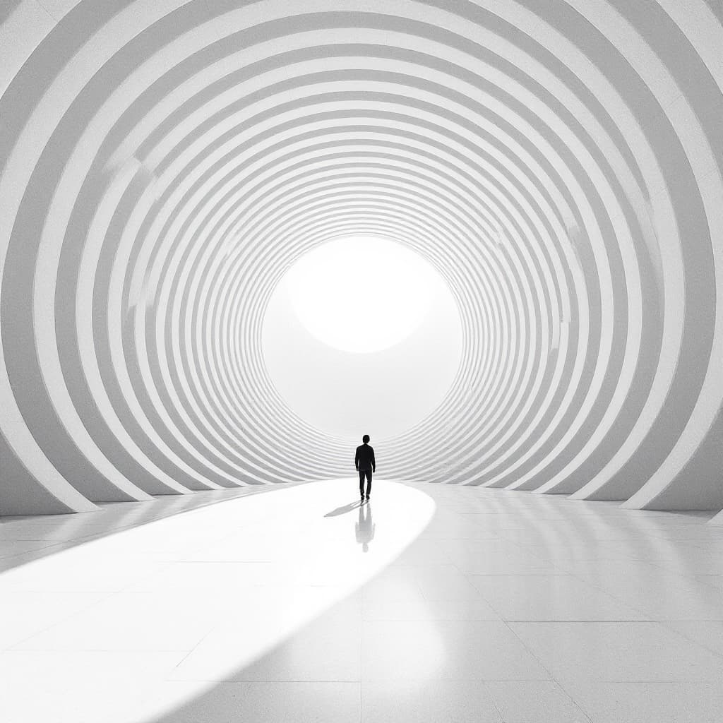AI generated: A man walking in the center of an infinite white circular building, symmetrical photo, architectural...
