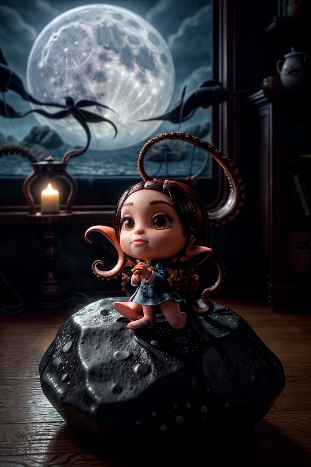 AI generated: insanely detailed, Cute octopus , floating on sea stormy waves and huge low poly rock, full moon in ...