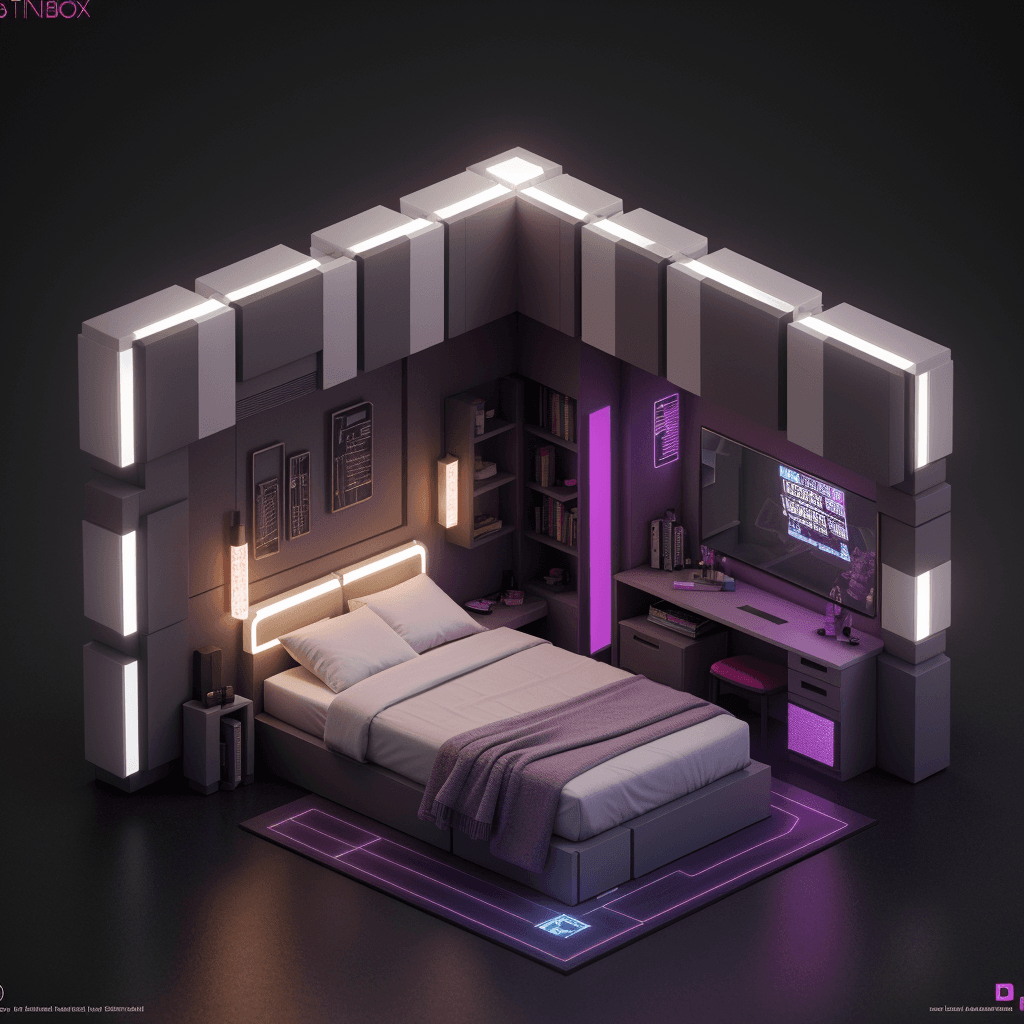AI generated: cute isometric cyberpunk bedroom, cutaway box, futuristic, highly detailed, render_with_blender