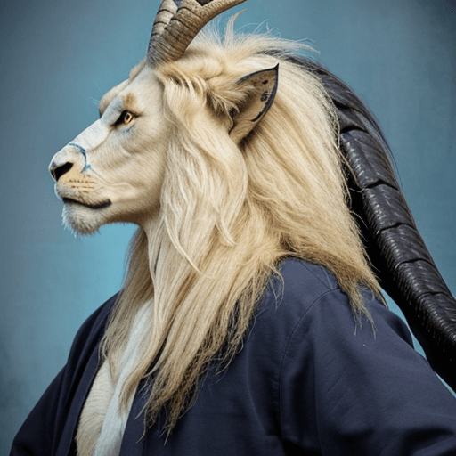 AI generated: He is NOT a human, he is dragon like. His head is horse-like. He has a deer antler on the right, a b...