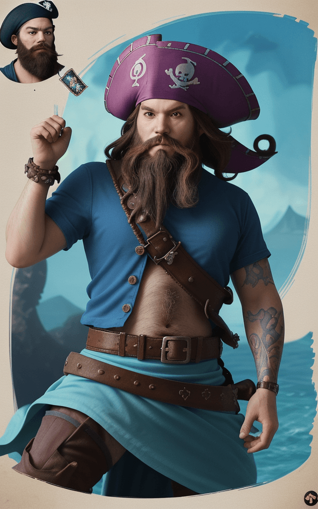 AI generated: Generate a pirate octopus with a funny beard, blue sword and cowboy head in the style of the 'Here t...