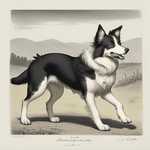 AI generated: High resolution illustration, one dog, "border collie" race, 19th century lithography, ink engraving...