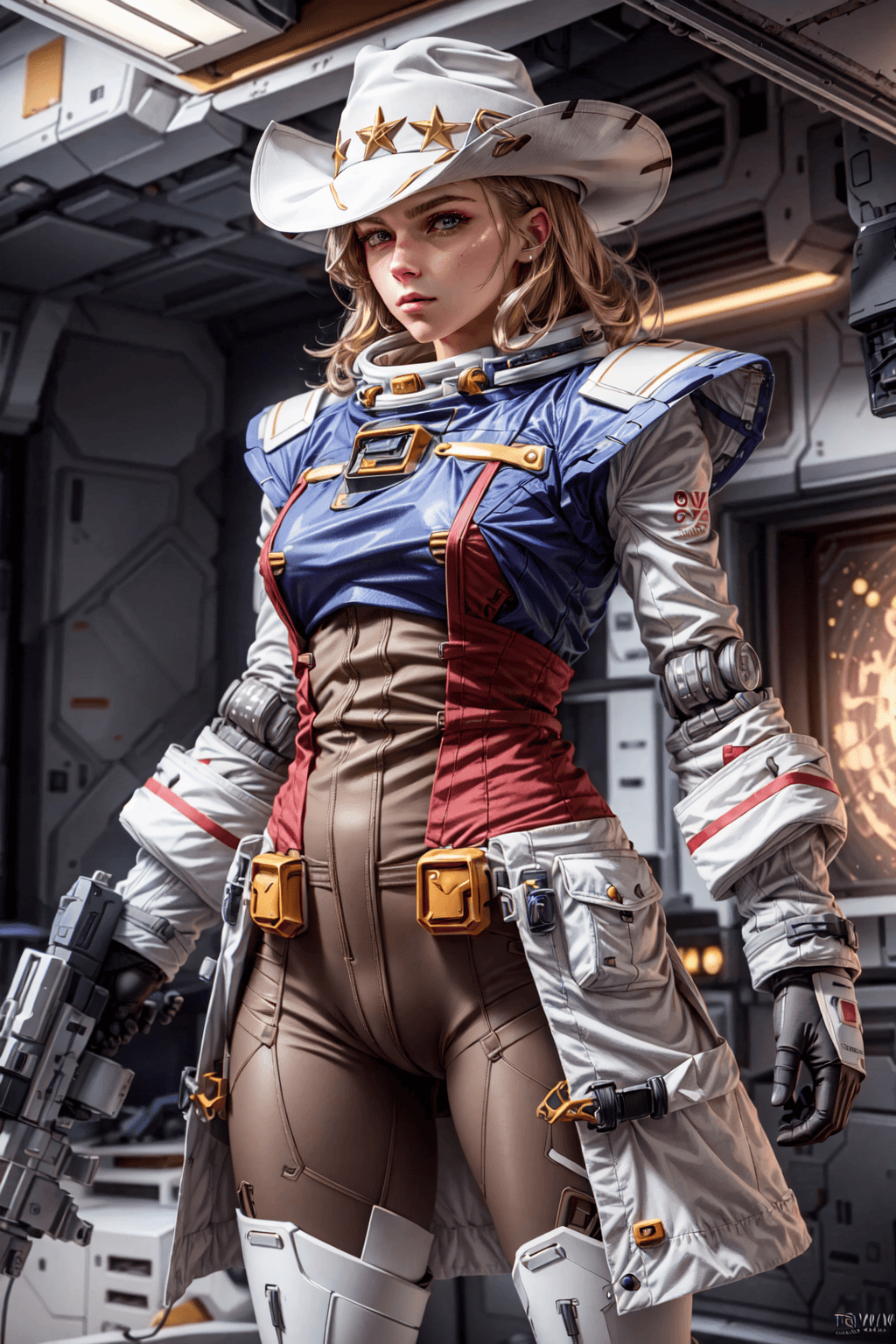 AI generated: (Space Cowgirl:1.4), (trenchcoat:1.4), (cowboy hat:1.4), Gundam armor and glowing accents. mecha, bo...
