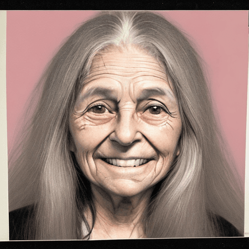 AI generated: passport photo of old dirty ugly woman's face with long hair that smiling