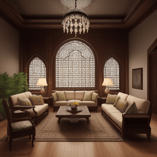 AI generated: High-resolution photography interior design, dreamy sunken living room conversation pit, wooden floo...