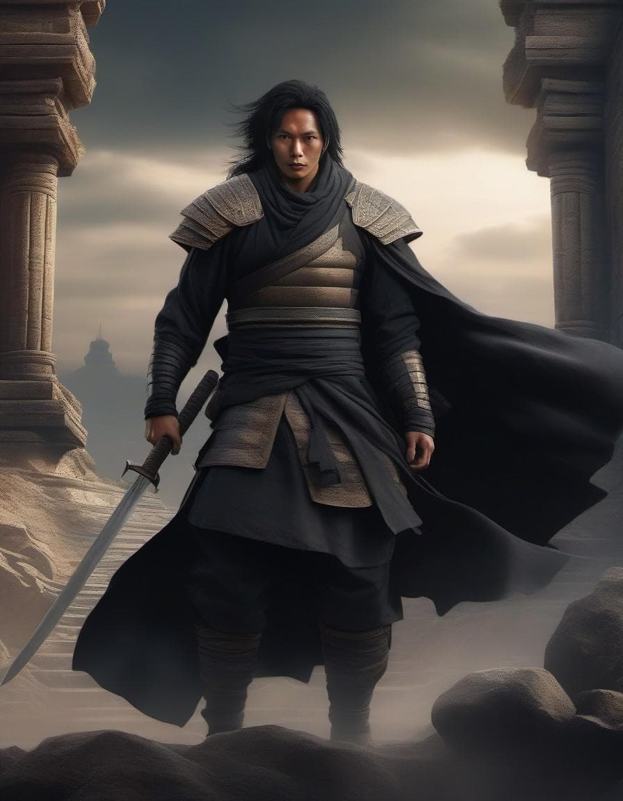 AI generated: In a mystical, war-torn landscape, Madara, the legendary, powerful ninja, stands triumphantly atop a...