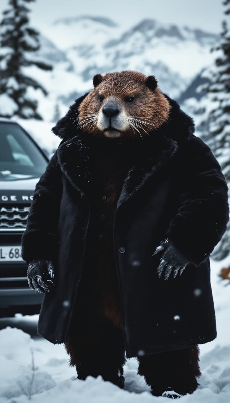 AI generated: A powerful anthropomorphic grizzly beaver in a black fur-lined tuxedo, standing next to a Canadian b...