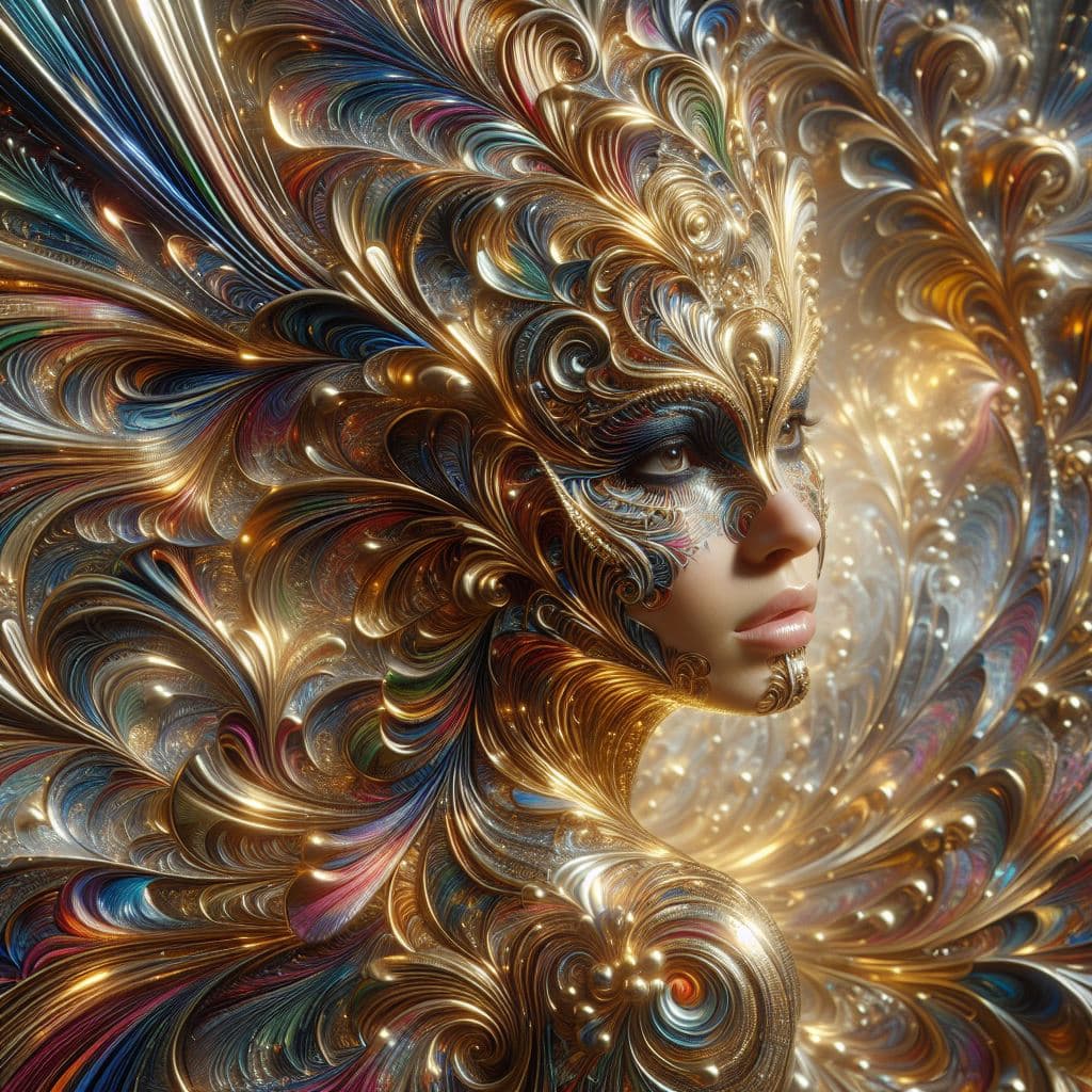 AI generated: Woman wearing Kaleidoscopic apparel, exploding colors, fragmented elegance, light with prismatic ref...