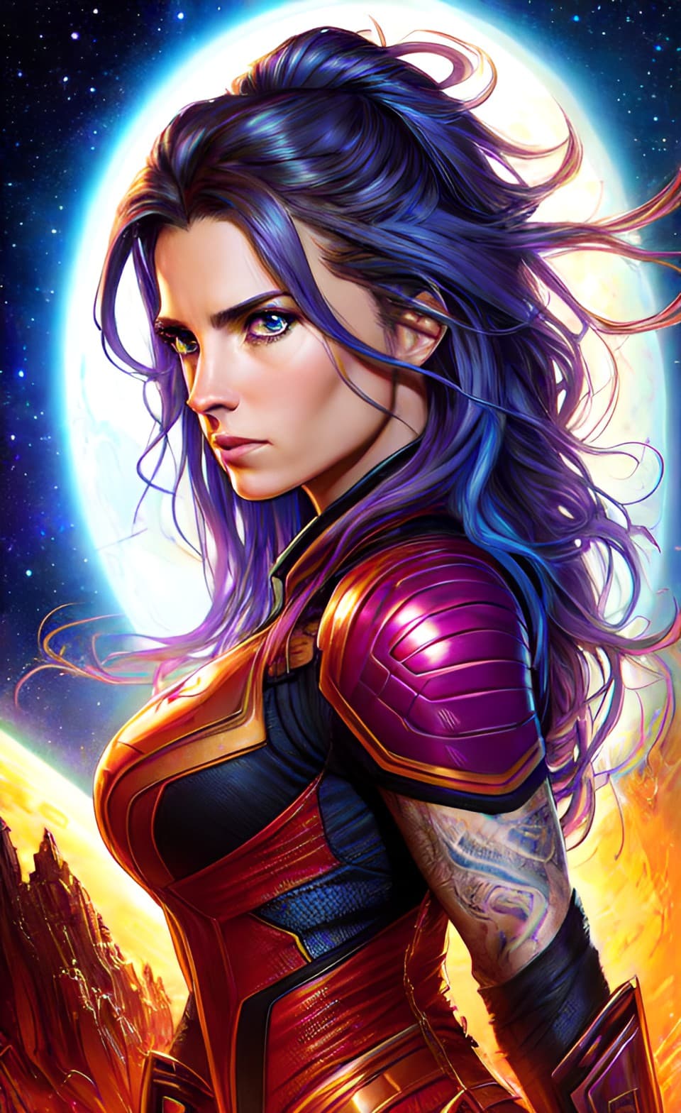 AI generated: A sci-fi style action portrait poster of female art character with long blue messy hair, armor suit,...