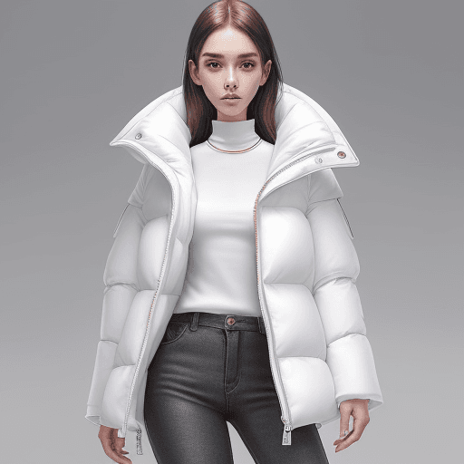 AI generated: girl model white Color collarless down jacket  rounded collar down jacket straight lamé stitching li...