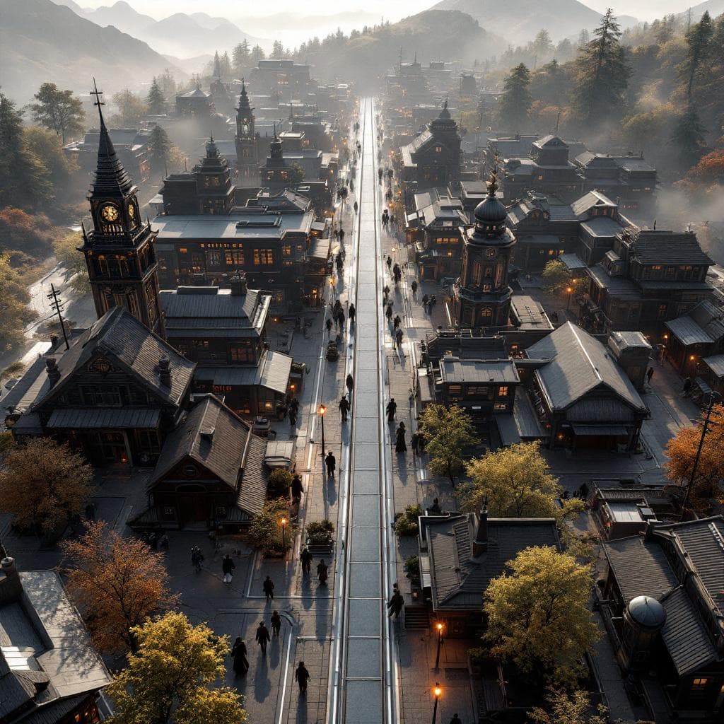 AI generated: Display an aerial view of a sleek, futuristic Old West City, a reminder of the rough terrain of the ...
