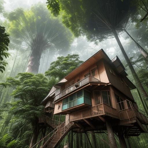 AI generated: A raw photograph capturing a sustainable treehouse community nestled in a dense rainforest. The view...