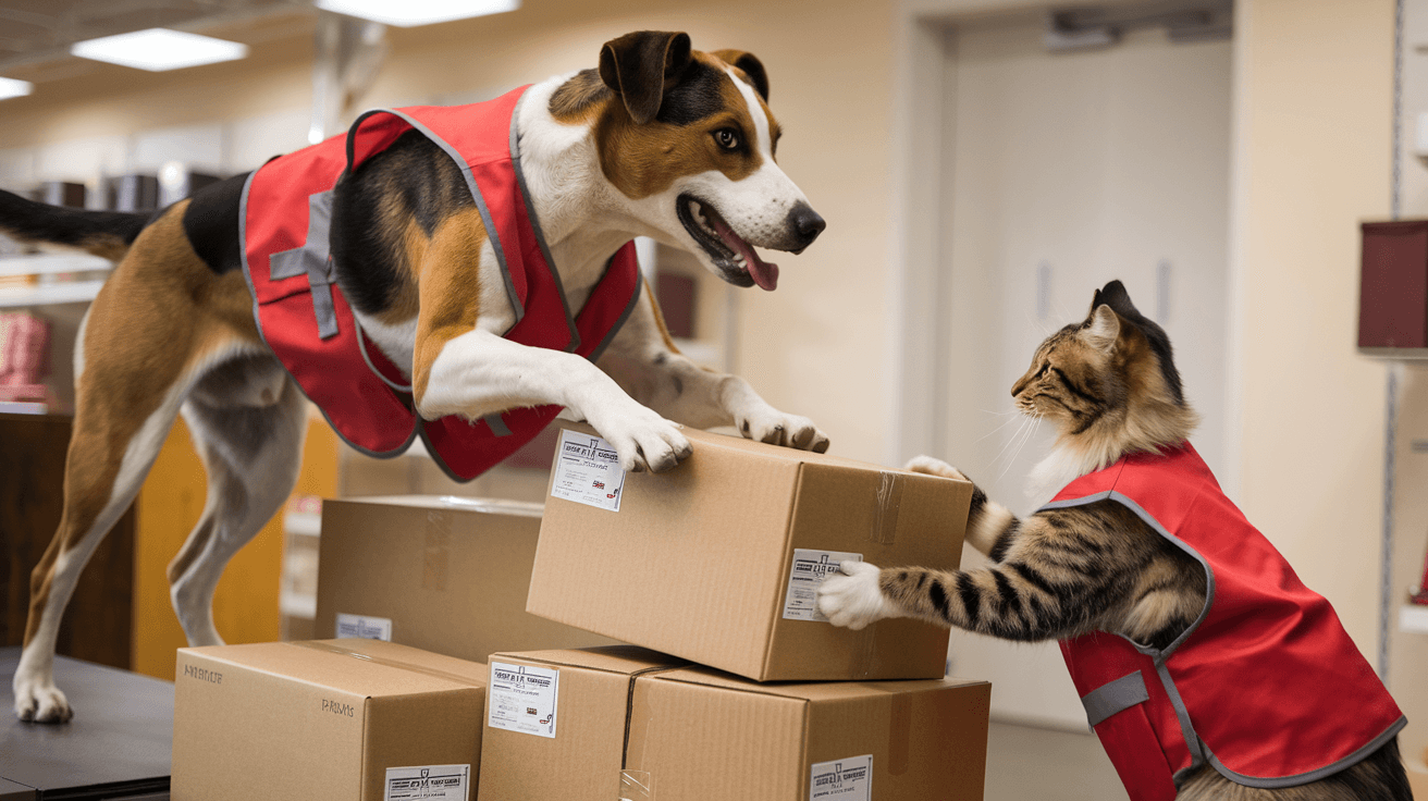 AI generated: A lifelike scene of a dog and a cat working together as employees wearing red vest in a retail store...
