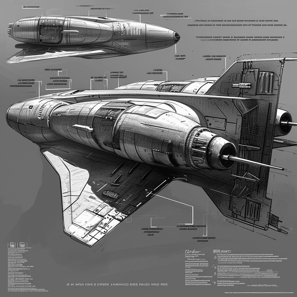 AI generated: sketches, blueprint of futuristic, sci fi, hyperdrive engines, repair, matter and anti matter holdin...