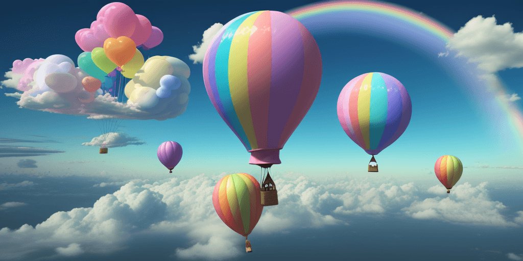 AI generated: abstract 3d rainbow with clouds and colourful balloons in pastel colours.