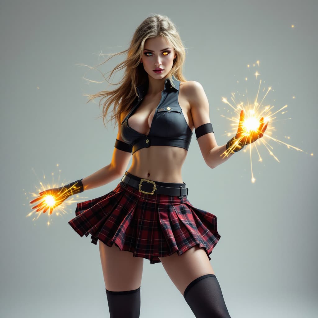AI generated: there is a woman in a plaid skirt posing for a picture, , ((official uniform) ), long legs, midriff,...