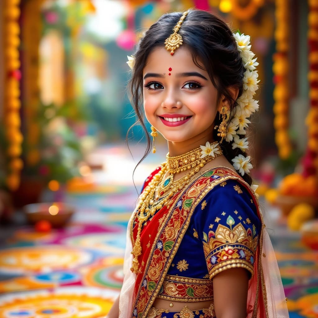 AI generated: Create a vibrant and detailed image of a 
girl wearing a traditional Indian dress. She should be ado...
