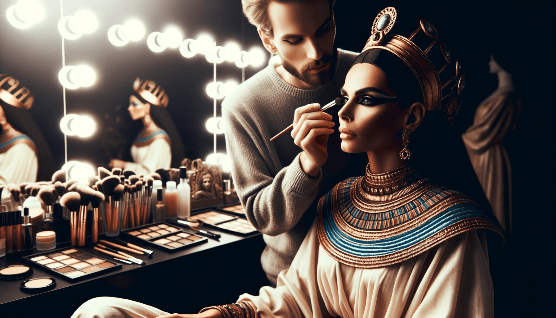 AI generated: Create a hyper-realistic, vibrant portrait of Cleopatra getting a modern-day makeover at a beauty sa...
