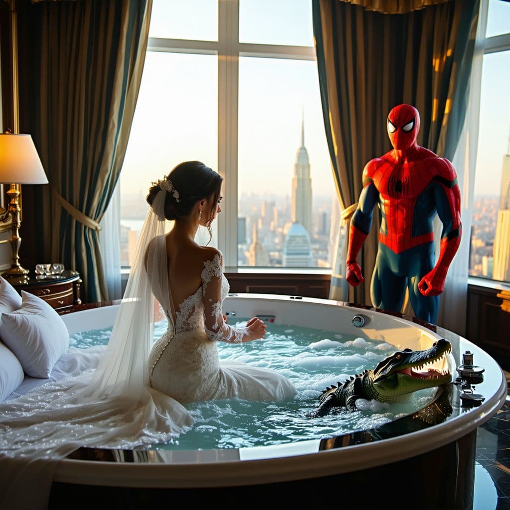 AI generated: A luxurious bridal preparation scene in an opulent penthouse suite with elegant decor. The bride, dr...