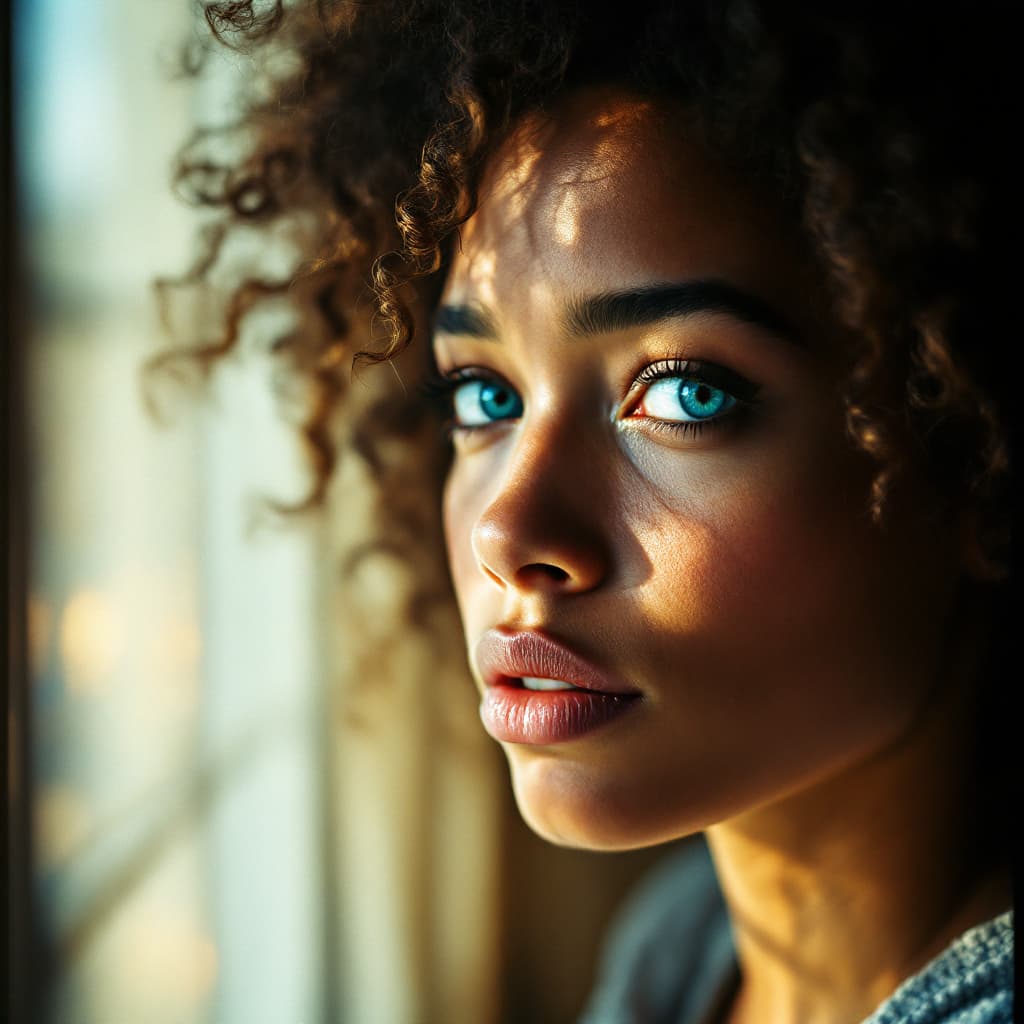 AI generated: Close-up portrait of a woman with bright blue eyes and afro curly hair, her face lit by the soft glo...