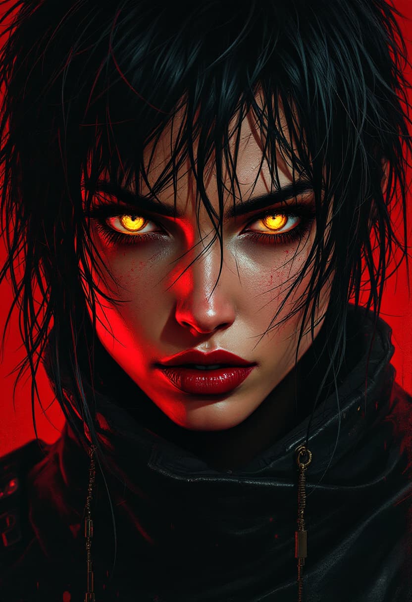 AI generated: drawing of a mysterious cyberpunk warrior woman with glowing brown an grey eyes,short messy black ha...