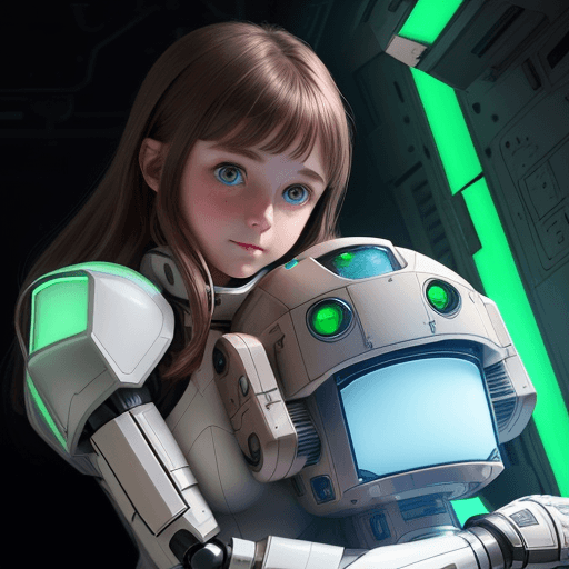AI generated: 
a girl with brown hair, green eyes wearing white robotic armor hugging her smal robot friend inside...