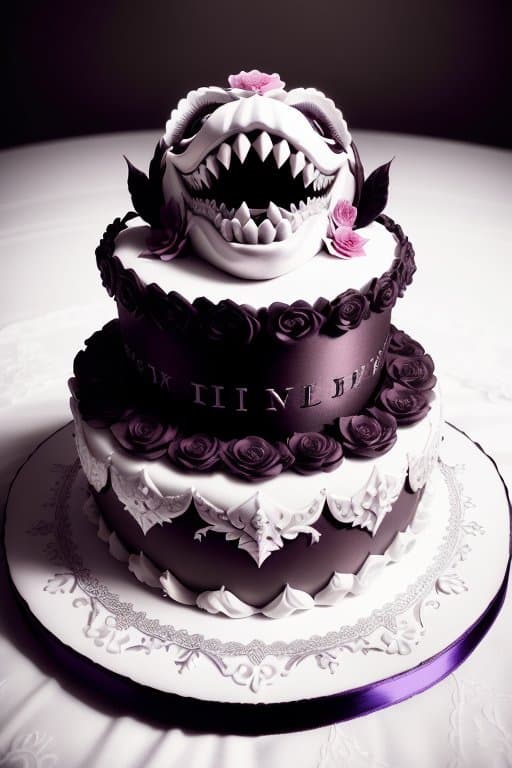 AI generated: Wedding cake that is really a (Mimic in disguise with mouth wide open showing teeth and long tongue ...