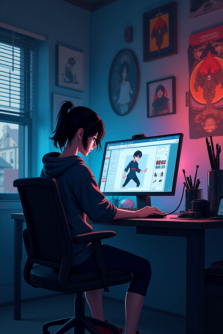 AI generated: Create a high-resolution artwork of a ninja girl designing at a computer in a room full of gadgets. ...