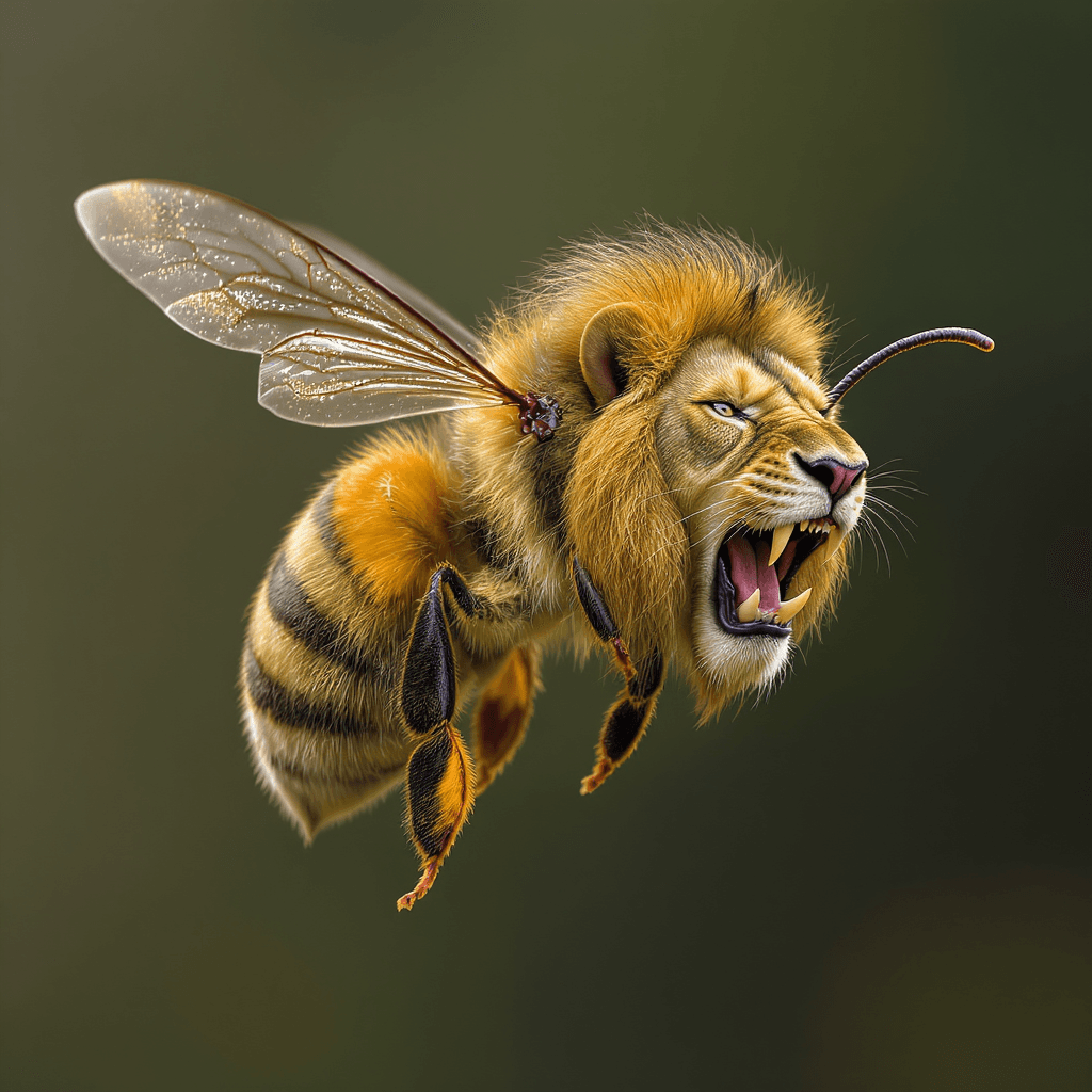 AI generated: A flying bee with the head of a roaring Lion 