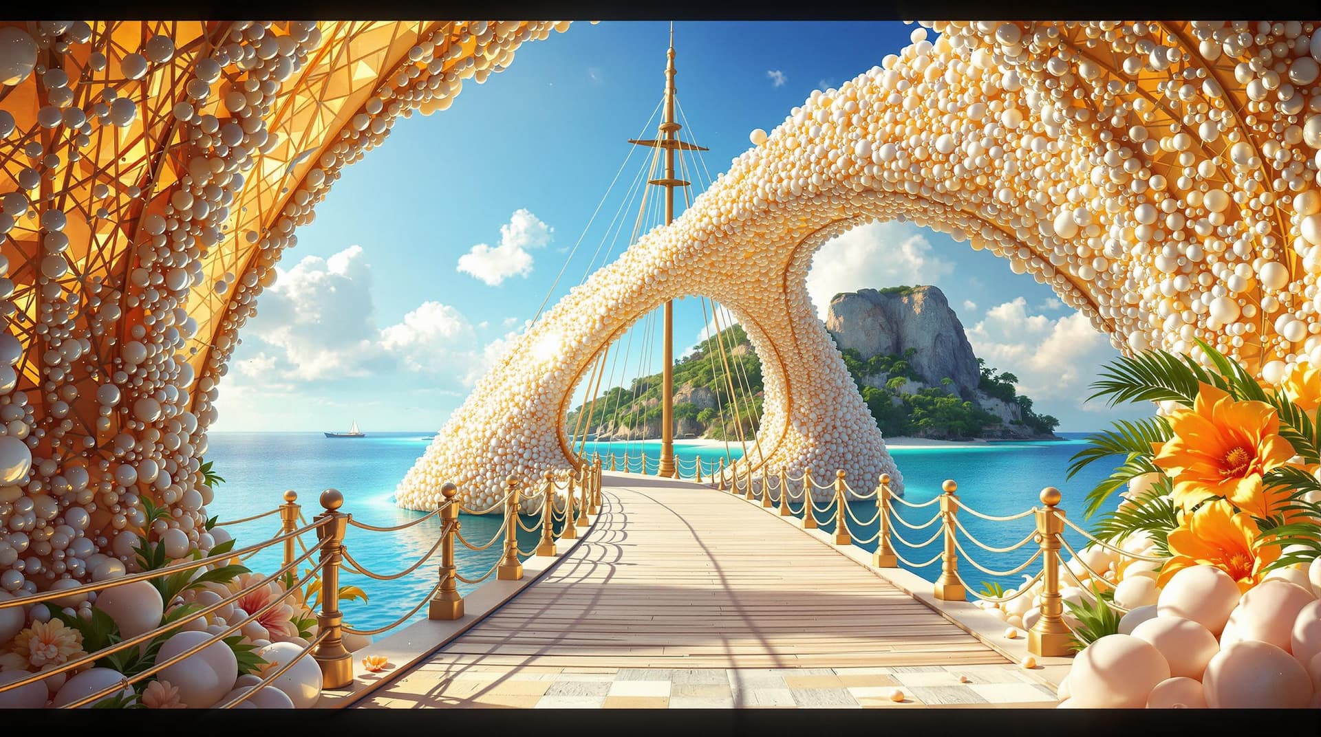 AI generated:  A majestic bridge crafted from colossal seashells and shimmering pearls arches gracefully towards a...