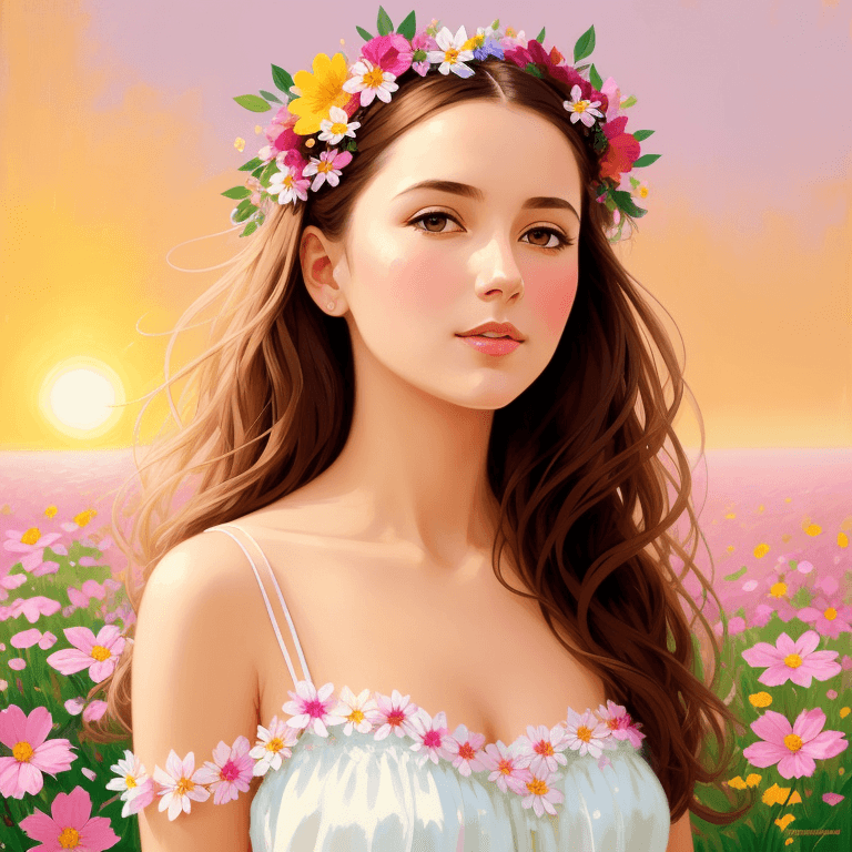 AI generated: an illustration of a woman dressed in flowers, flowers in her hair, the essence of nature, sun-kisse...