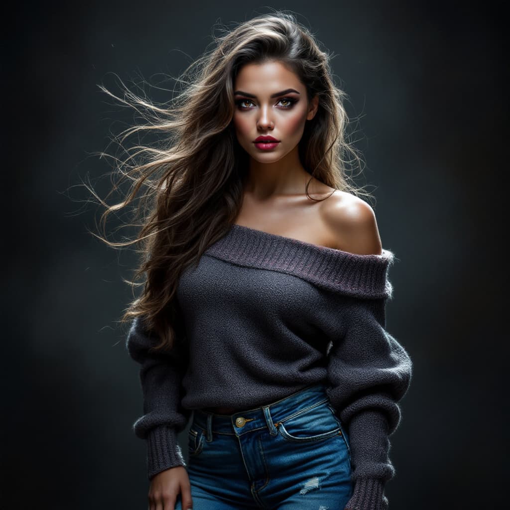 AI generated: Lilly Stokes33,dramatic_atmosphere_of_rich_dark_colors,hair_cascading_down_back,wearing_worn_faded_b...