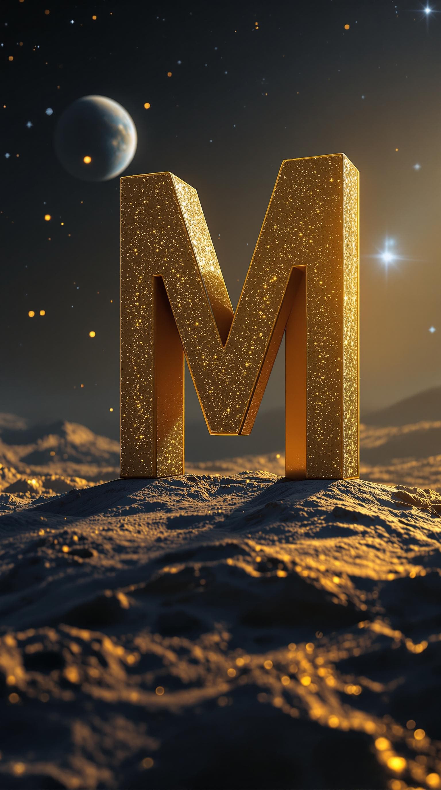 AI generated: letter M standing on the moon, space on background, yellow letter, ultra realistic, 3d render, cinem...
