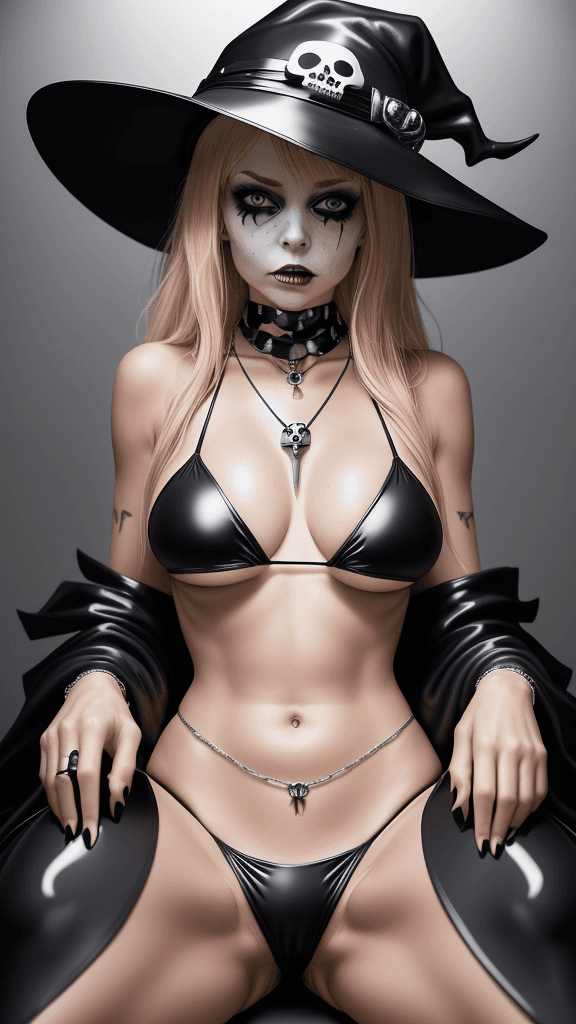 AI generated: a woman dressed in a Halloween costume, adorned with an black hat, is seated on a white platform sur...