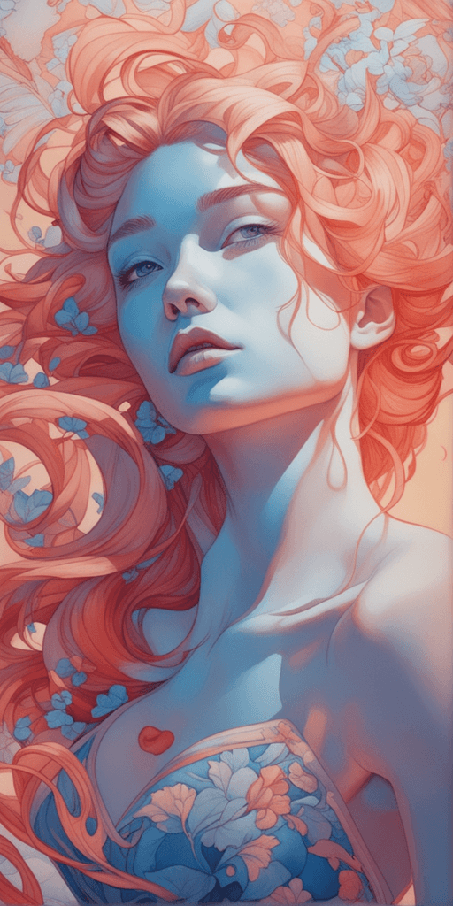 AI generated: painting of a woman with red hair and a blue dress, james jean soft light 4 k, james jean soft light...